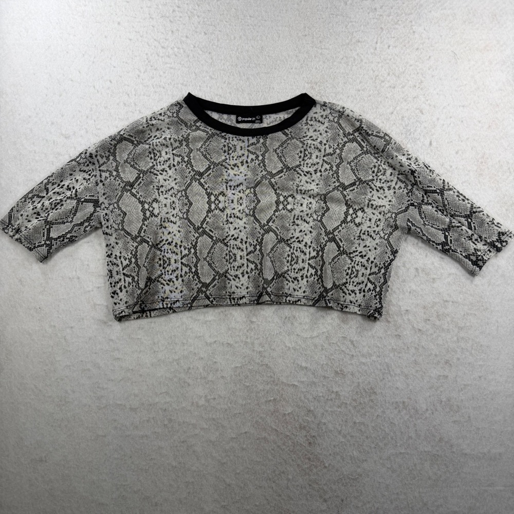 Popular 21 Womens Snakeskin Mesh Crop Top Grey Black Animal Print TY8090 Size‎ L